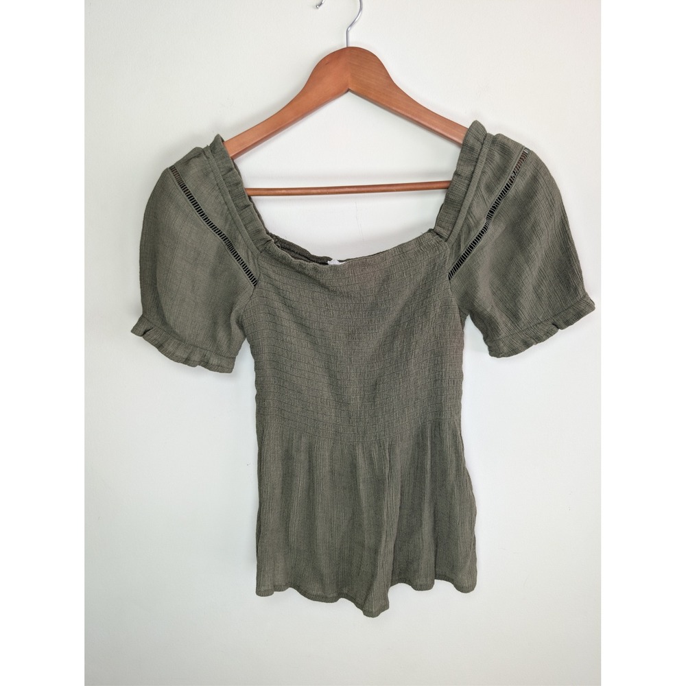 E & M Olive Green Smocked Peplum Top M Square Neck Ladder Lace Boho Puff Sleeve